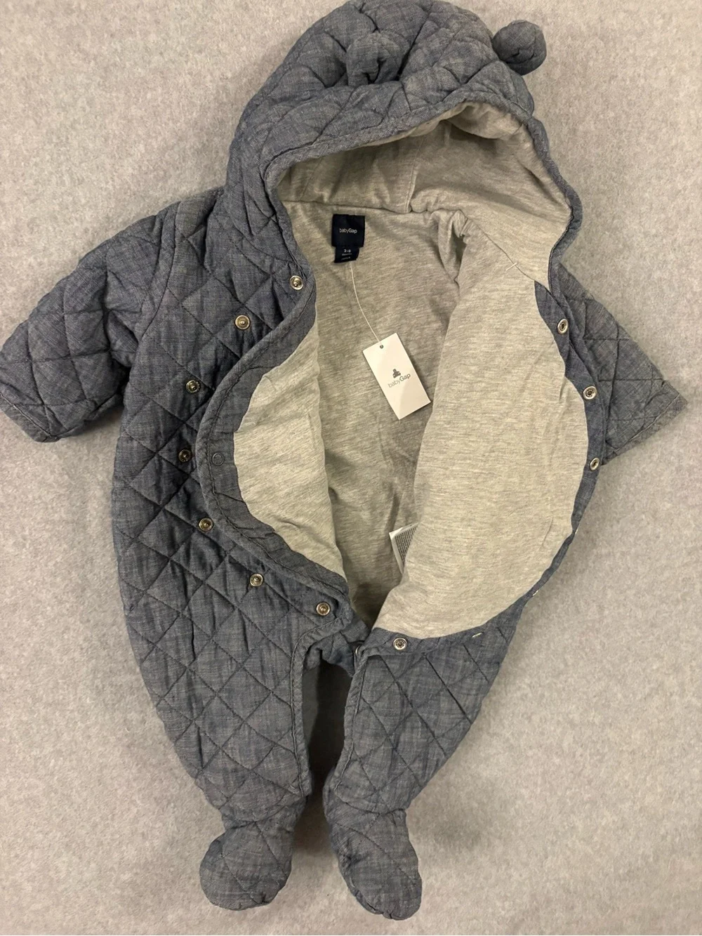 Baby Gap NWT Quilted Chambray Bear Ear Bunting Snowsuit Sz 3-6M
